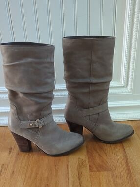 Aldo Taupe Slouchy Mid-Calf Heeled Boots with Buckle Accent